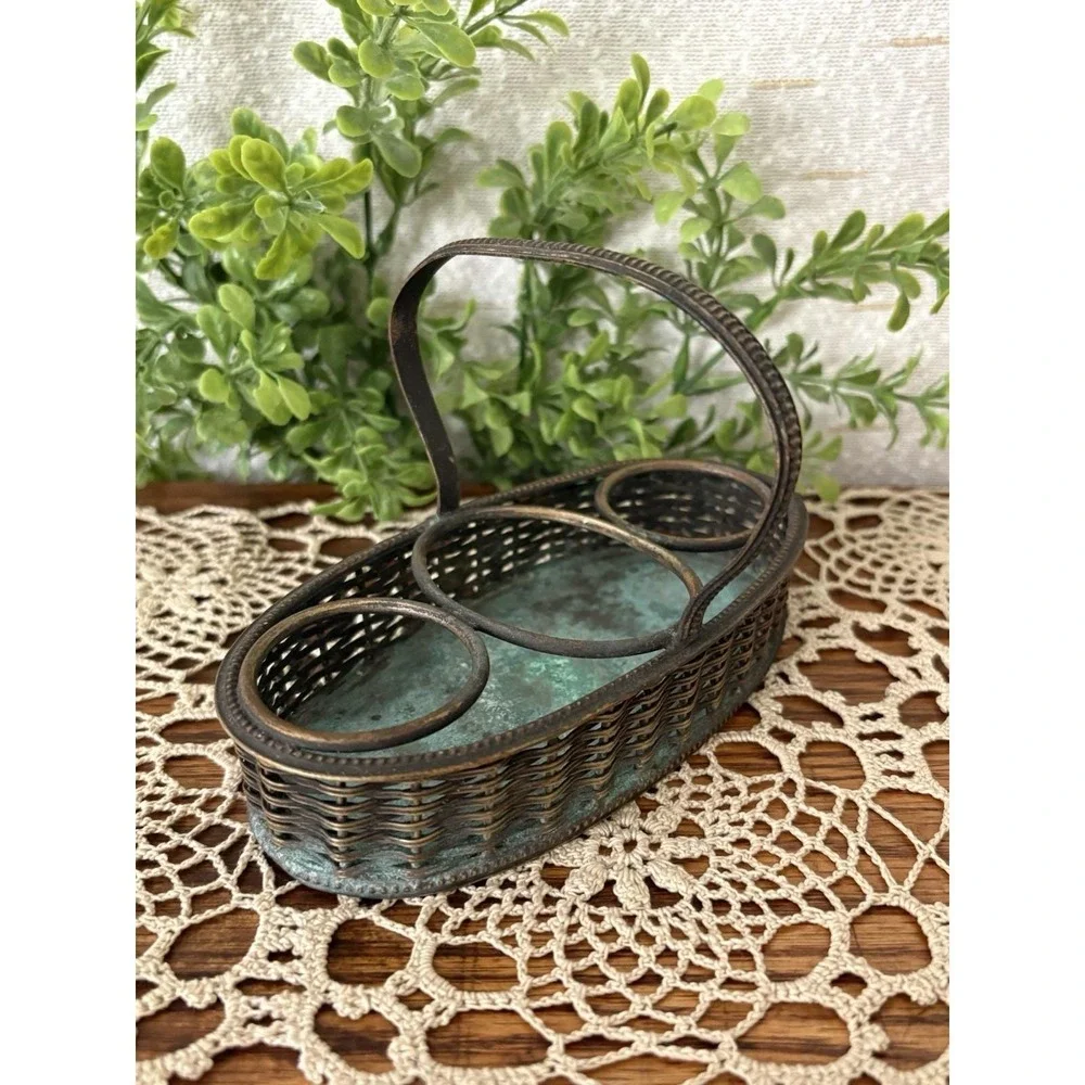 Vintage Silverplate Cruet Stand Woven Basket Condiment Caddy 3 Bottle Holder